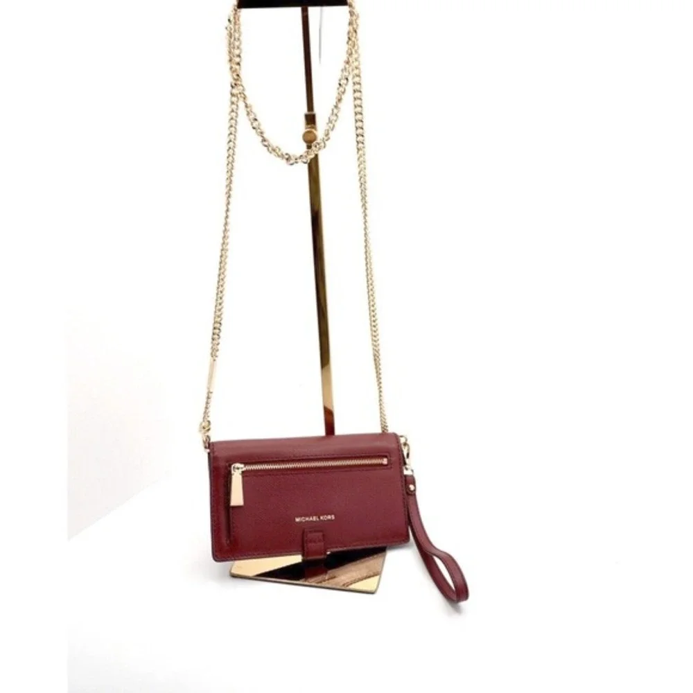 Michael Kors Jet Set Travel Saffiano Leather‎ Crossbody Wallet Red Gold  37-08